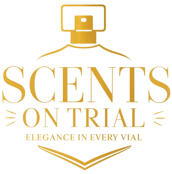 Logo for "Scents On Trial," featuring a perfume bottle and the tagline "Elegance in Every Vial" in gold lettering.